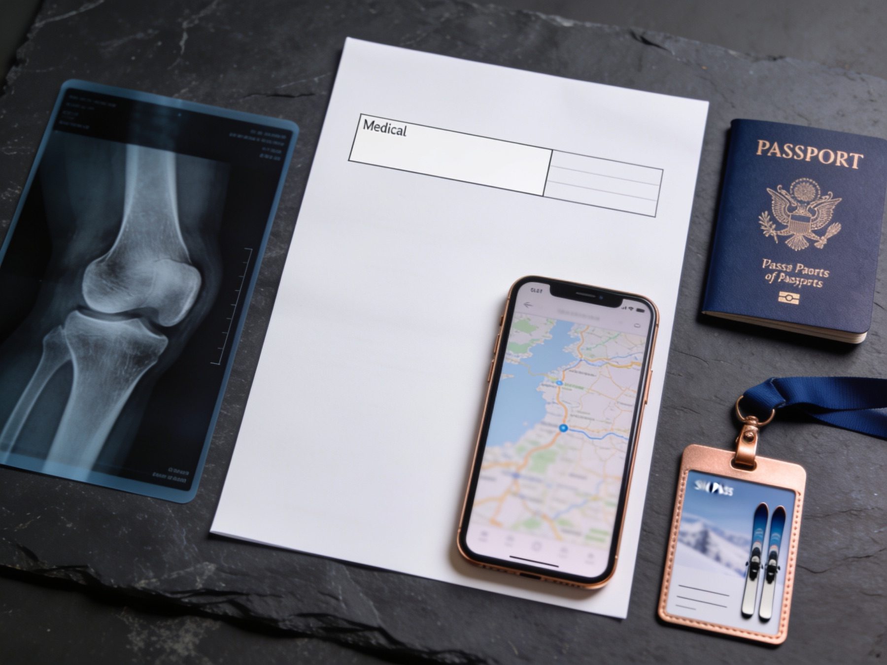 A knee X-ray, travel documents and a phone laid out on a table