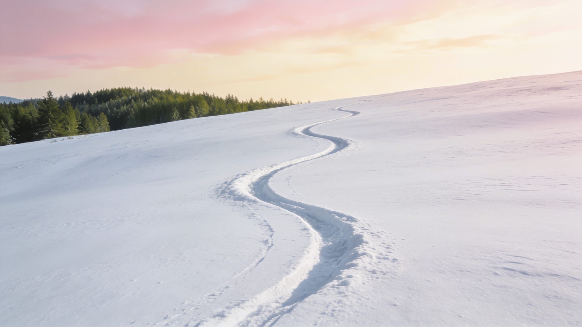 A single ski track curving down an untouched snow slope at sunrise