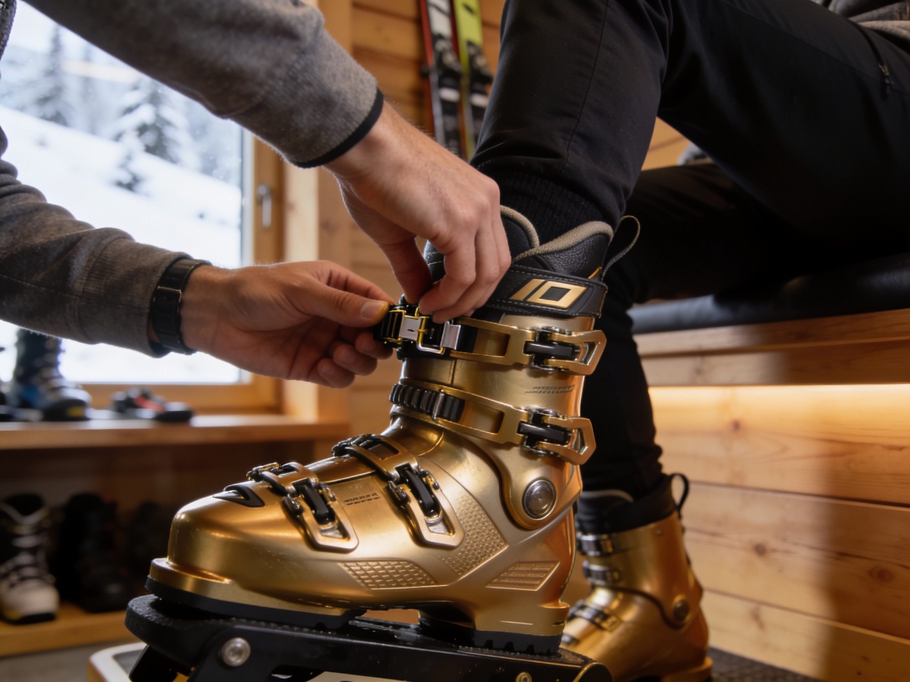 Hands fastening the buckles of a ski boot
