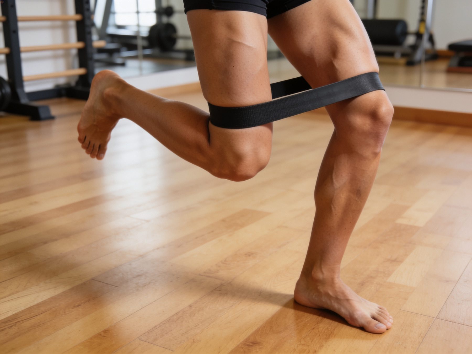 Legs working against a resistance band on a wooden floor