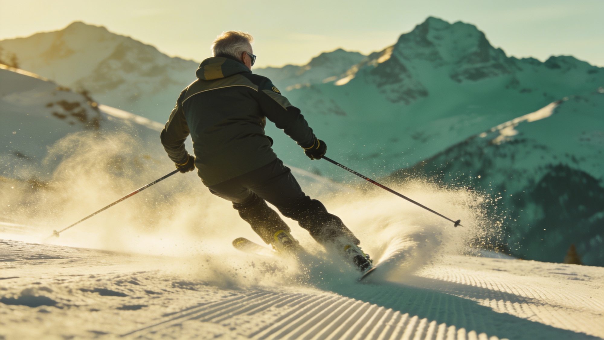 A skier carving a turn and throwing up snow in golden light